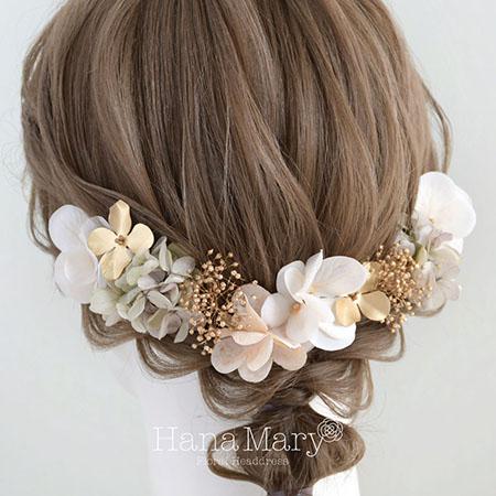 お花ヘアブーケ 髪飾り 成人式 卒業式 結婚式【アッシュホワイト】ドライフラワー