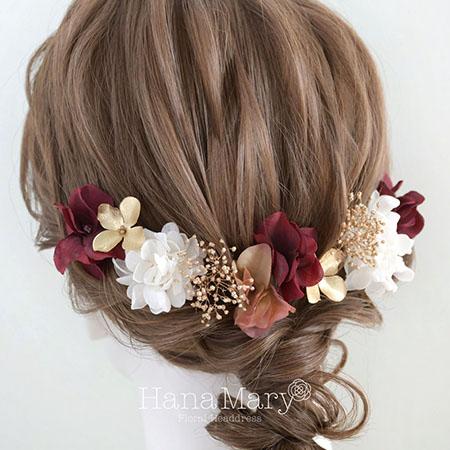 お花ヘアブーケ 髪飾り 成人式 卒業式 結婚式【クラシックボルドー】振袖 袴 髪飾り